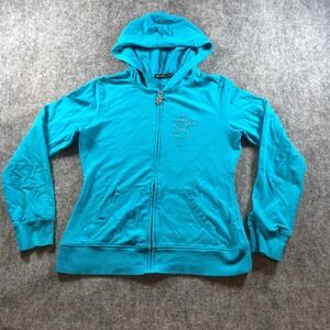 Seven7 Full Zip Hoodie Women's Large Rhinestone Embellished Crown Graphic Blue‎